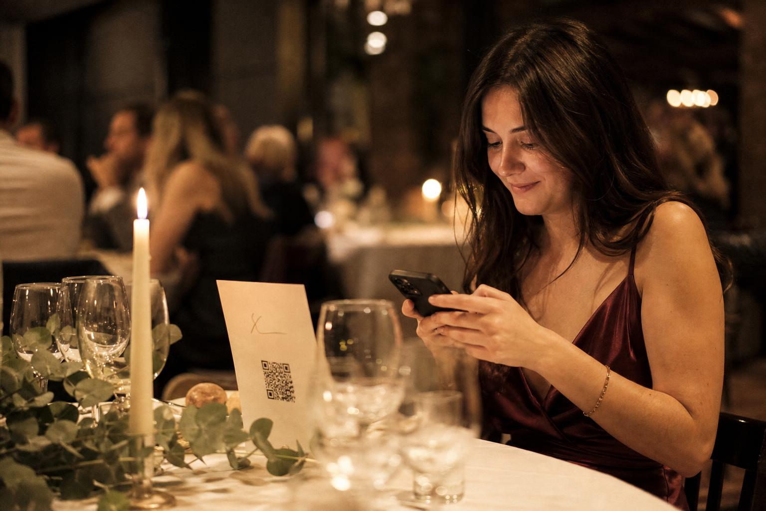 Gast schrijft digitaal een boodschap op een trouwfeest met QR-kaartje op tafel