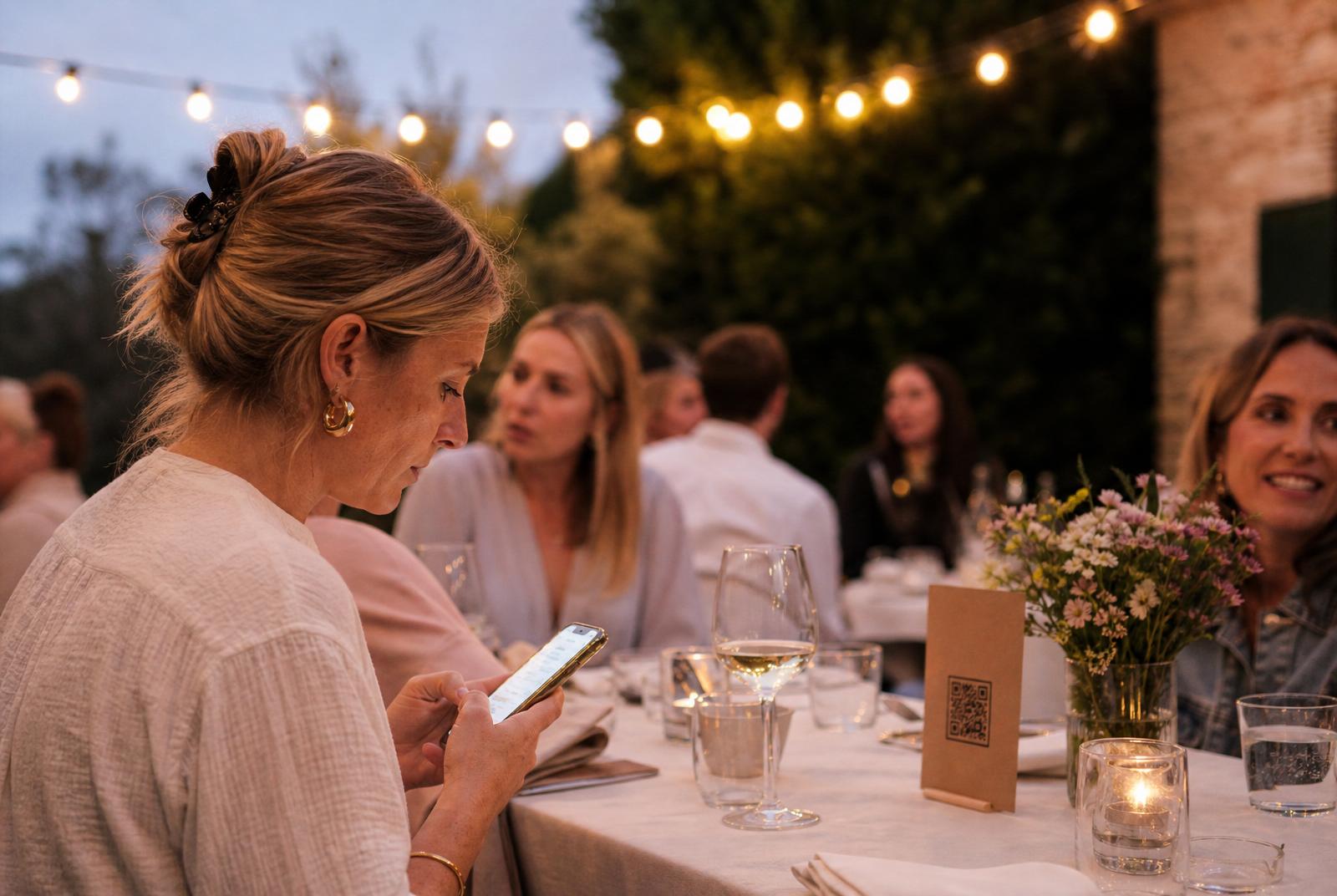 Gast typt boodschap op smartphone tijdens verjaardagsdiner in de tuin