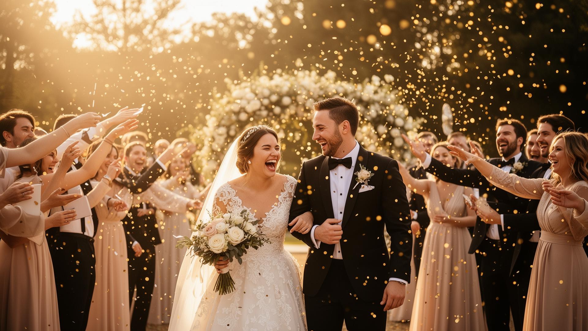 Joyful wedding celebration moment captured by guests