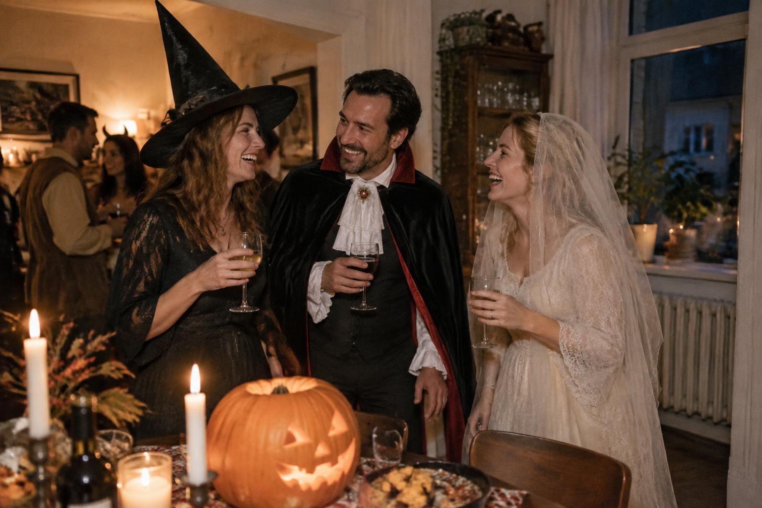 Vrienden in heksen-, vampier- en spookkostuum lachen bij een pompoen op een Halloweenfeest thuis