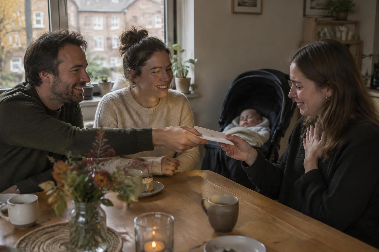 Ouders geven een kaartje aan een vriendin thuis, terwijl hun baby in de kinderwagen slaapt