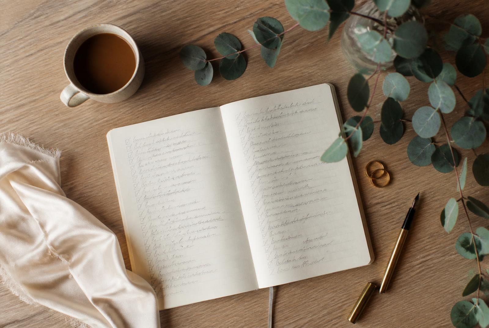 Open notitieboek met handgeschreven checklist naast trouwringen, eucalyptus en koffie