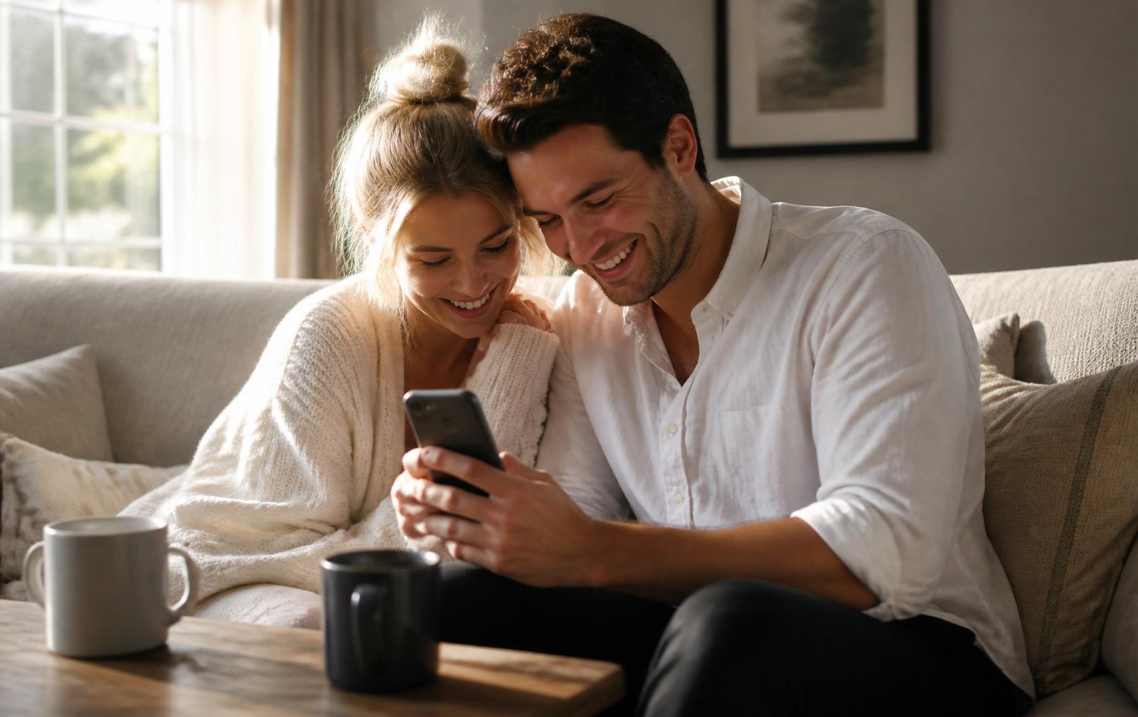 Koppel bekijkt samen trouwfoto's op smartphone de ochtend na de bruiloft