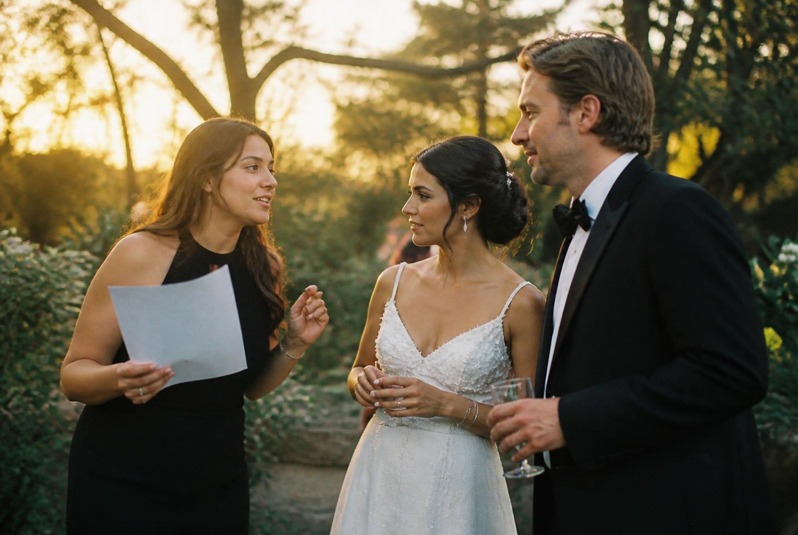 Ceremoniemeester bespreekt tijdlijn met bruidspaar in een tuin bij zonsondergang